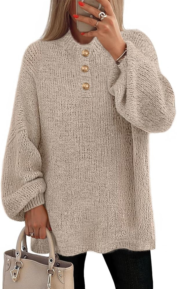 MEROKEETY Women's 2025 Fall Oversized Sweaters Chunky Long Lantern Sleeve Buttoned Mock Neck Wint... | Amazon (US)