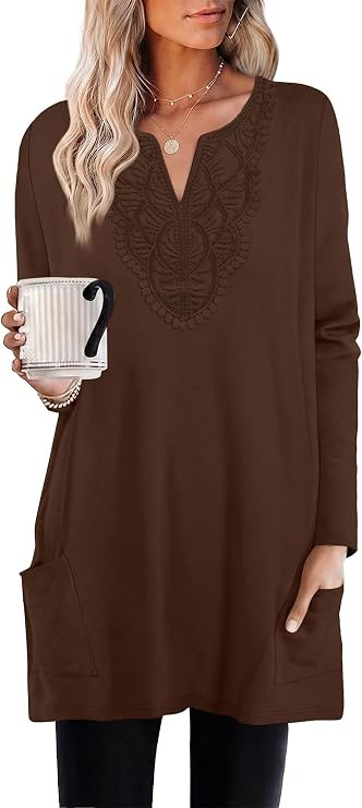 WIHOLL Womens Tops Boho Lace V Neck Long Sleeve Shirts with Pockets S-3XL | Fall Clothes,Business... | Amazon (US)