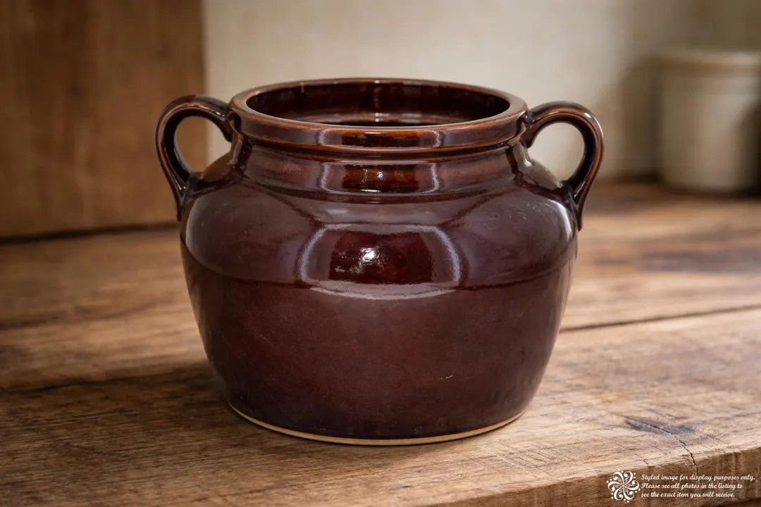 Vintage Brown Glaze Ceramic Crock Pot with Handles USA Made | Rustic Farmhouse Stoneware Planter ... | Etsy (US)