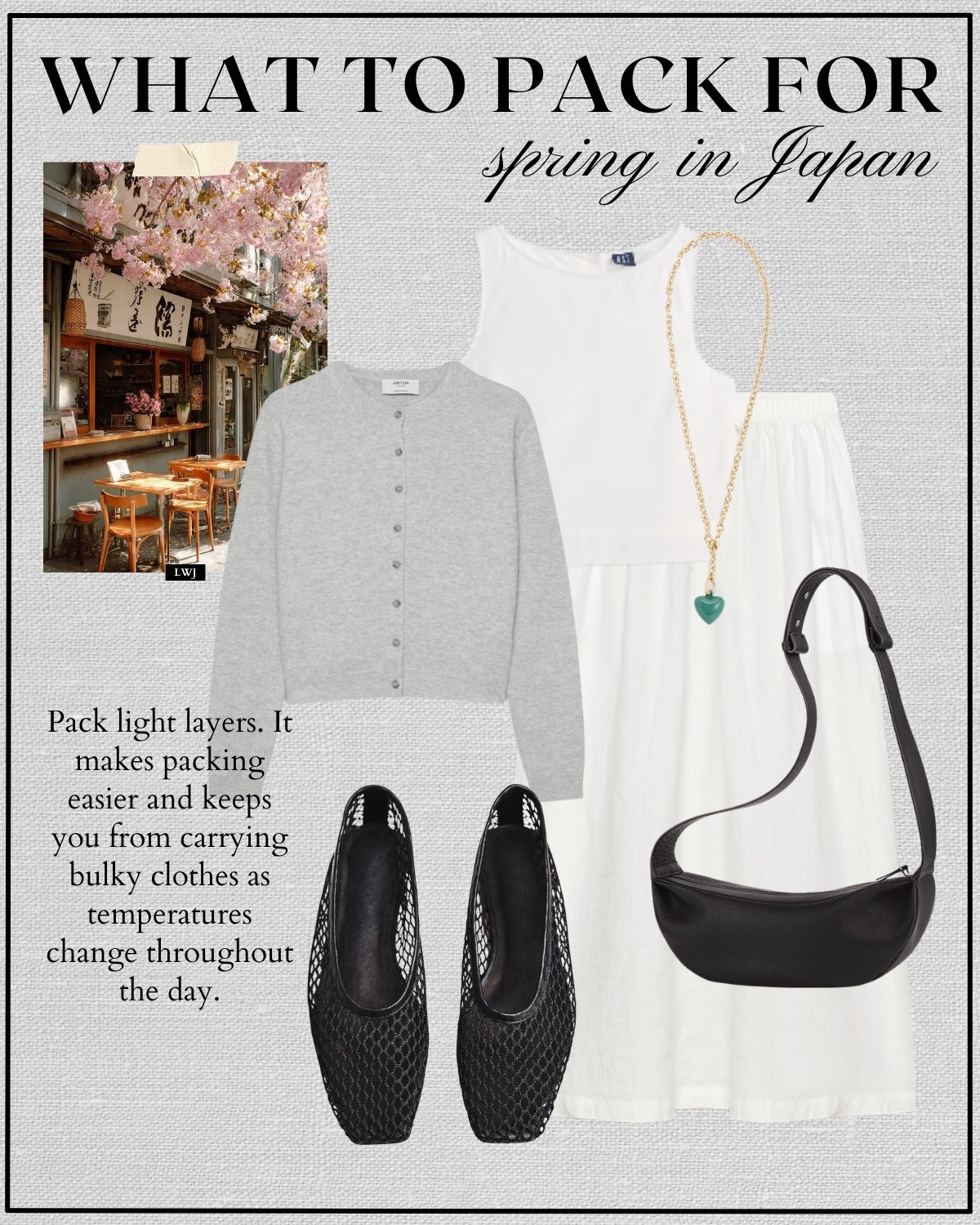Japan spring outfit 

Spring travel / spring style / dressy outfit / gray cardigan / white crop tank / midi skirt / woven Bally flats / black crossbody

#LTKTravel #LTKootd