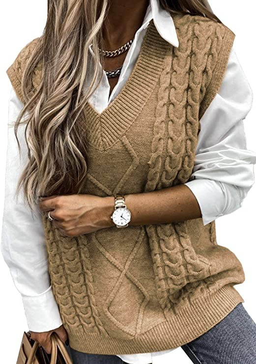 HOTAPEI Sweater Vest Women Oversized V Neck Sleeveless Sweaters Womens Cable Knit Tops | Amazon (US)