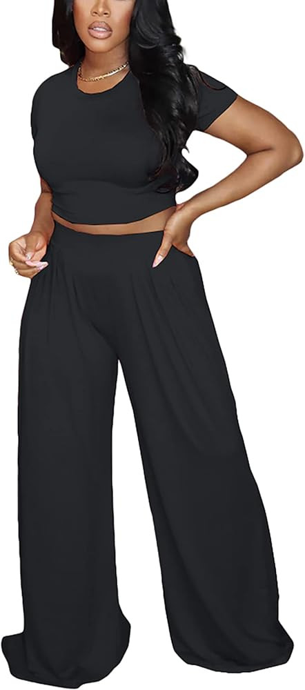 Fooullaide Summer Two Piece Outfit for Women Sexy Short Sleeve Crop Tops Sweatsuit High Waist Wid... | Amazon (US)