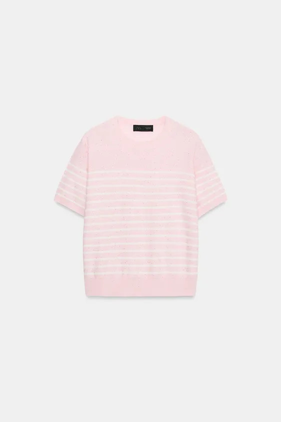 Model height: 174 cmRound neck, short sleeve top. Featuring sequin detail and ribbed trims. | Zara US