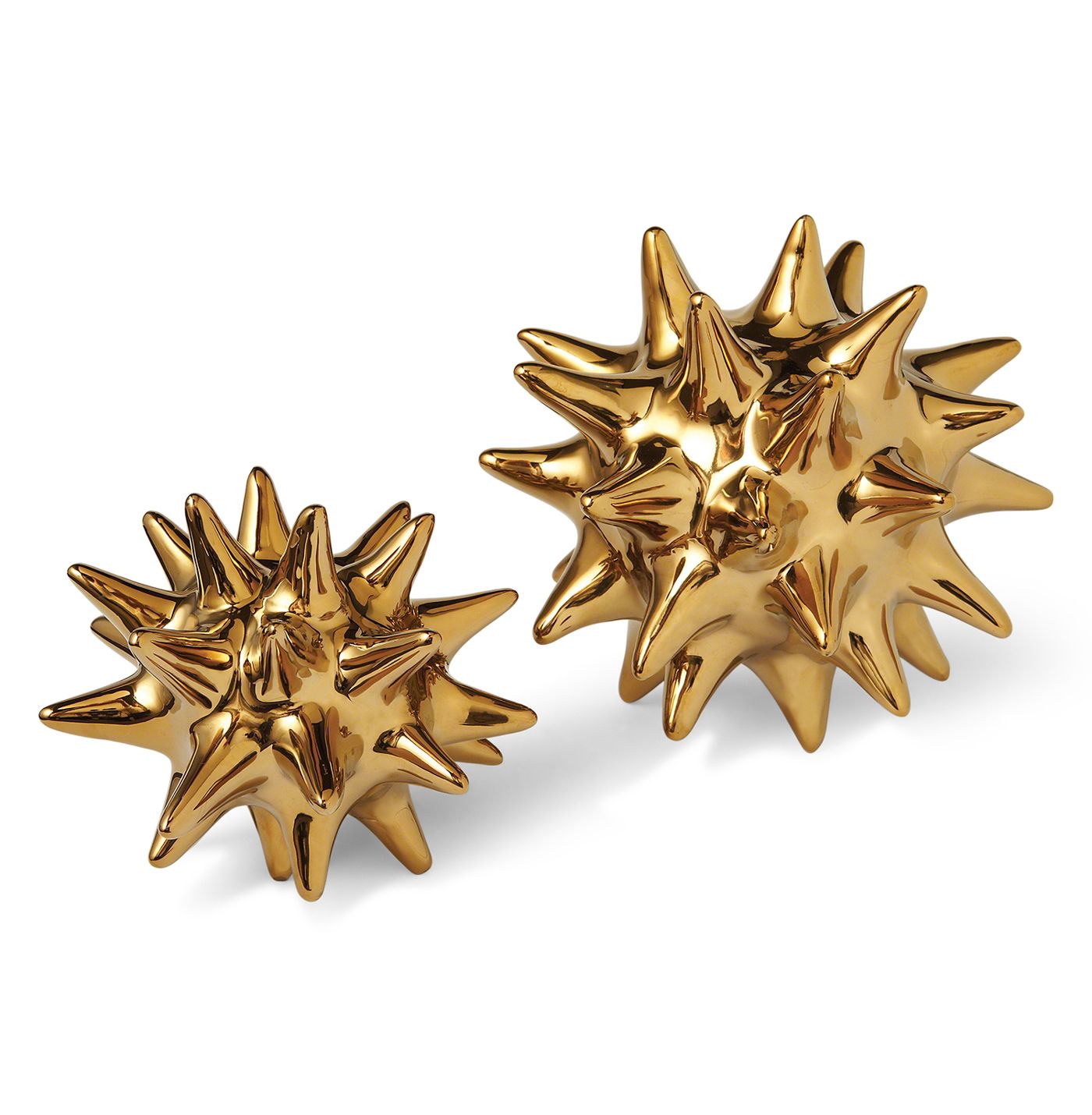 Cousteau Coastal Beach Bright Gold Sea Urchin Sculptures - Set of 2 | Kathy Kuo Home