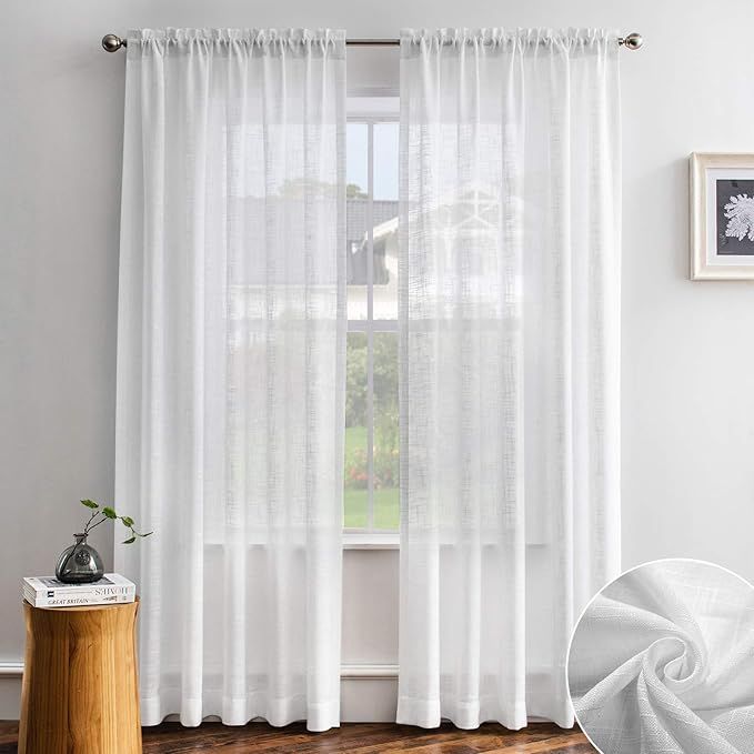 Melodieux White Linen Textured Semi Sheer Curtains 96 Inches Long for Living Room Bedroom Natural... | Amazon (US)