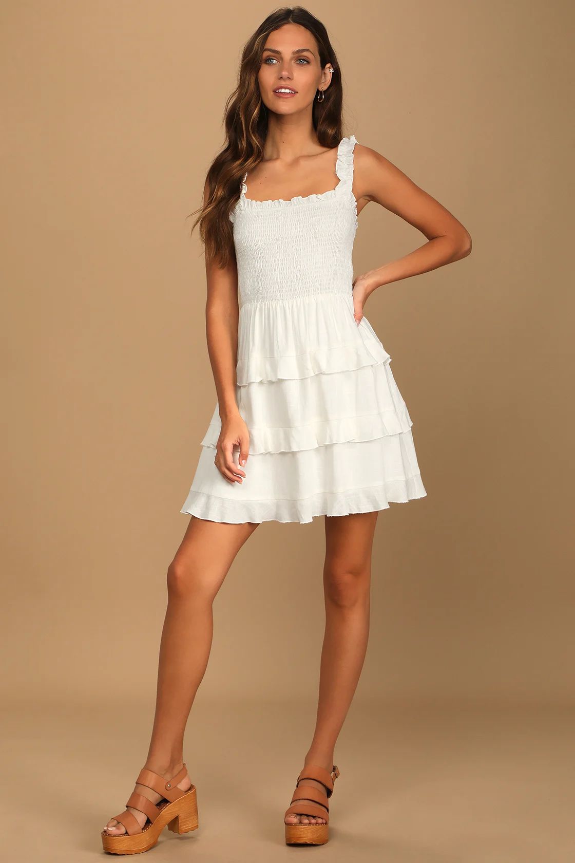Super Sweet White Smocked Ruffled Tie-Back Mini Dress | Lulus