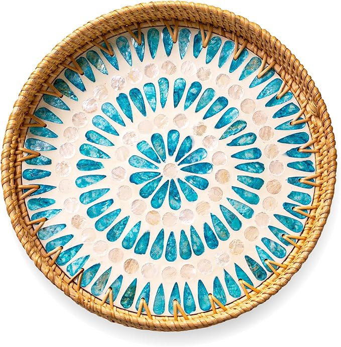 JUNGLE CULTURE Rattan Serving Tray 12" with Mother of Pearl Inlay • Coastal Boho Collection •... | Amazon (US)