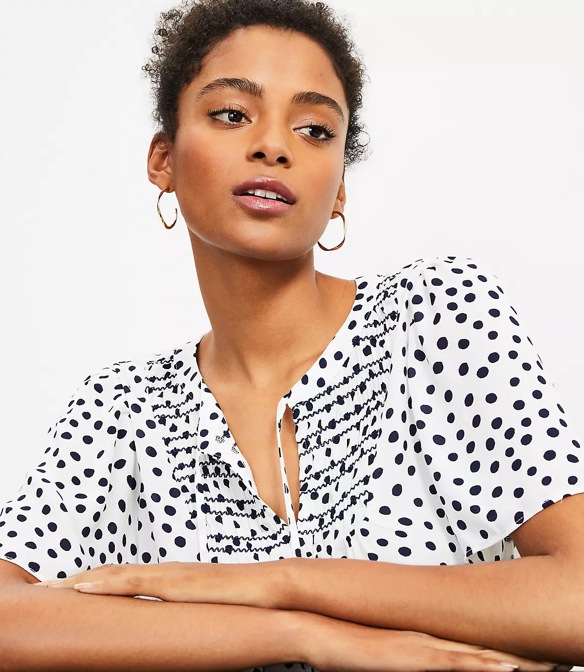 Dotted Smocked Mixed Media Top | LOFT | LOFT