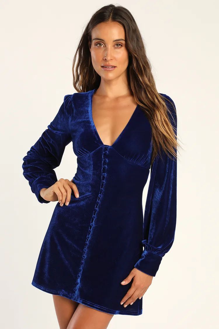 Make it Merry Royal Blue Velvet Long Sleeve Button-Up Mini Dress | Lulus (US)