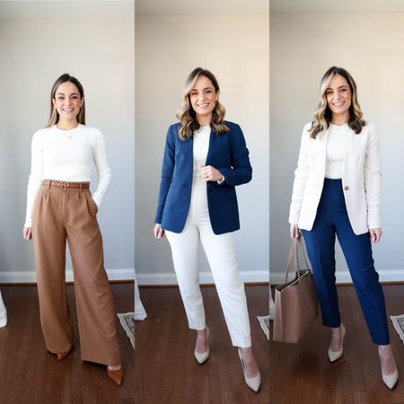 10 items 20 outfits for work! 

White blazer: petite 00 
Blue blazer: petite 00 
White pants: petite 00 
Blue pants: petite 00 
(Also linking full length pants options) 
Green sweater: xs
Striped cardigan: xs (size up) 
Floral top: xxs (runs large) 
Brown pants: 25 short (size up - closest a available color is “brown” but is not exact to my pair) 
White top: xs 
Blue top: petite xxs 

Belt: xxs 
All shoes tts 