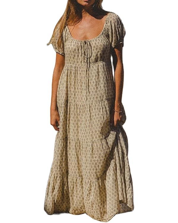 Woman Floral Puff Sleeve Maxi Dress Square Neck Ruffle Flowy Long Dresses Bohemian Tiered Summer ... | Amazon (US)