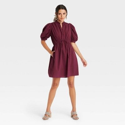 Women&#39;s Puff Elbow Sleeve Seersucker Dress - A New Day&#8482; Burgundy S | Target