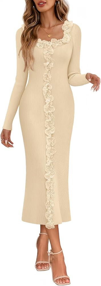 MEROKEETY Women's Fall Long Sleeve Sweater Dress 2025 Bodycon Square Neck Ruffle Ribbed Knit Midi... | Amazon (US)