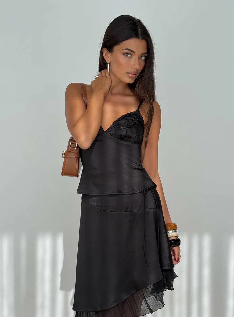 Aruba Satin Embroidered Cami Top Black | Princess Polly US