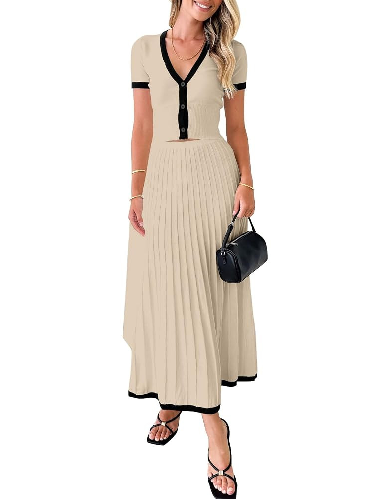 Imily Bela Womens 2 Piece Sweater Outfits Sets Short Sleeve V Neck Crop Top Knit Midi Long Pleate... | Amazon (US)