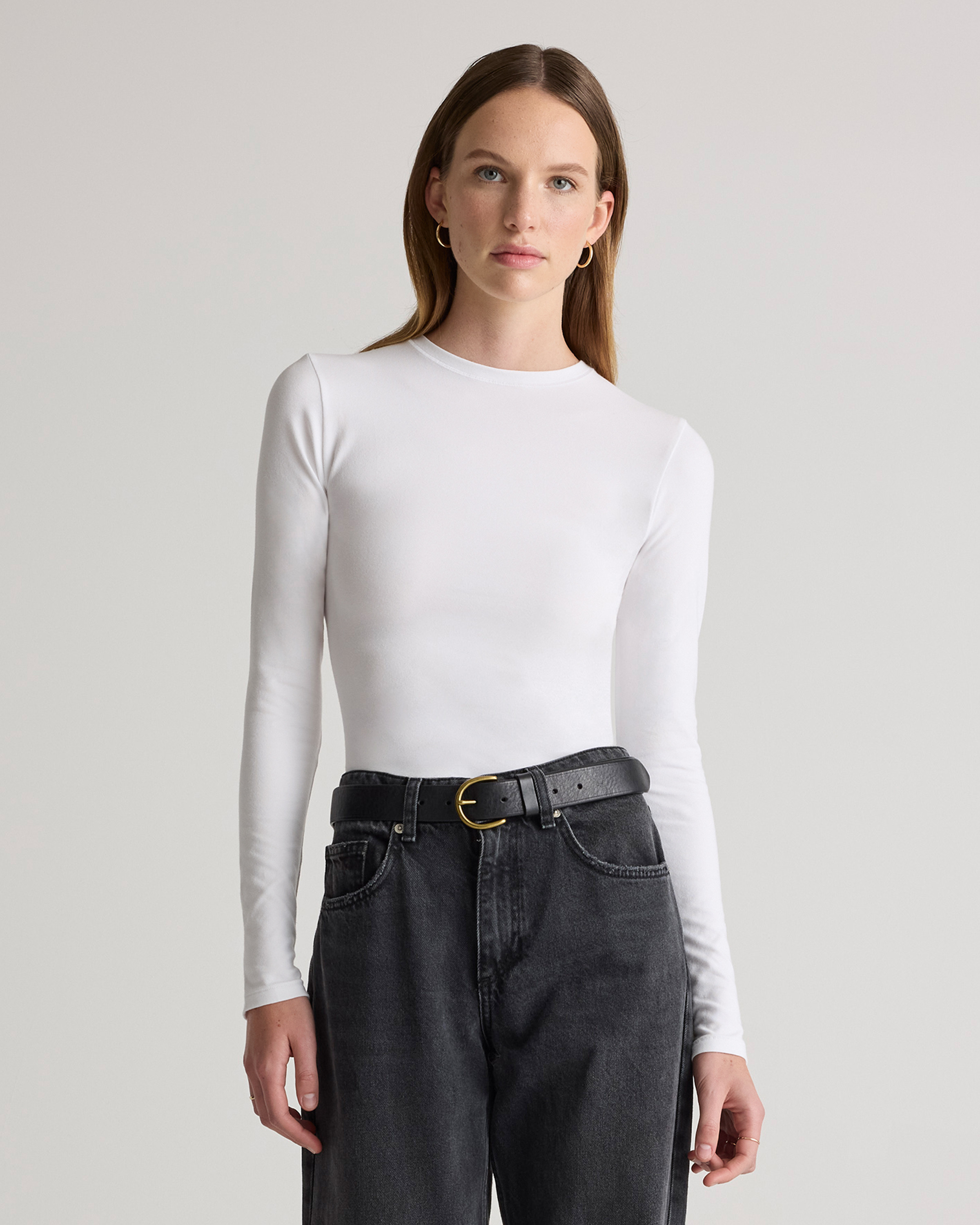 Quince | Women's Stretch Cotton Jersey Fitted Long Sleeve T-Shirt in Soft White, Size Large, Organic Cotton | Quince