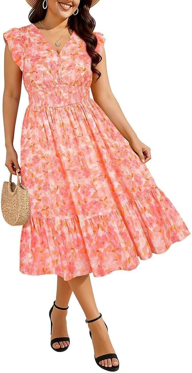 RITERA Womens Plus Size Summer Dresses V Neck Boho Floral Midi Dress Ruffle Sleeve Smocked Casual... | Amazon (US)