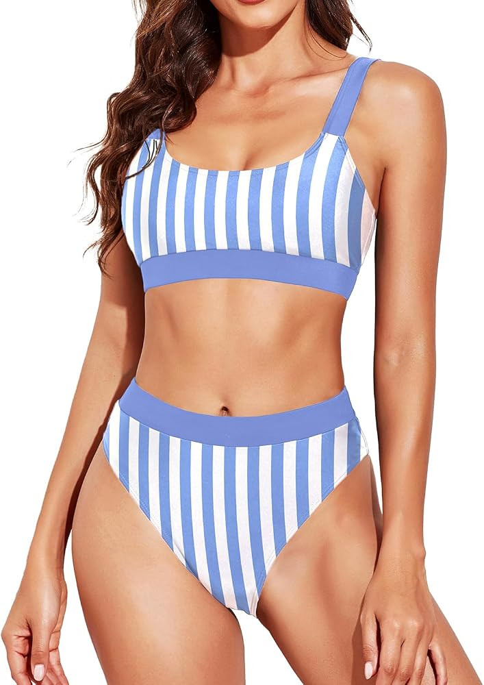 Tempt Me Women Two Piece High Waisted Bikini Swimsuits with Bottoms Teen Scoop Neck Sport Bathing... | Amazon (US)