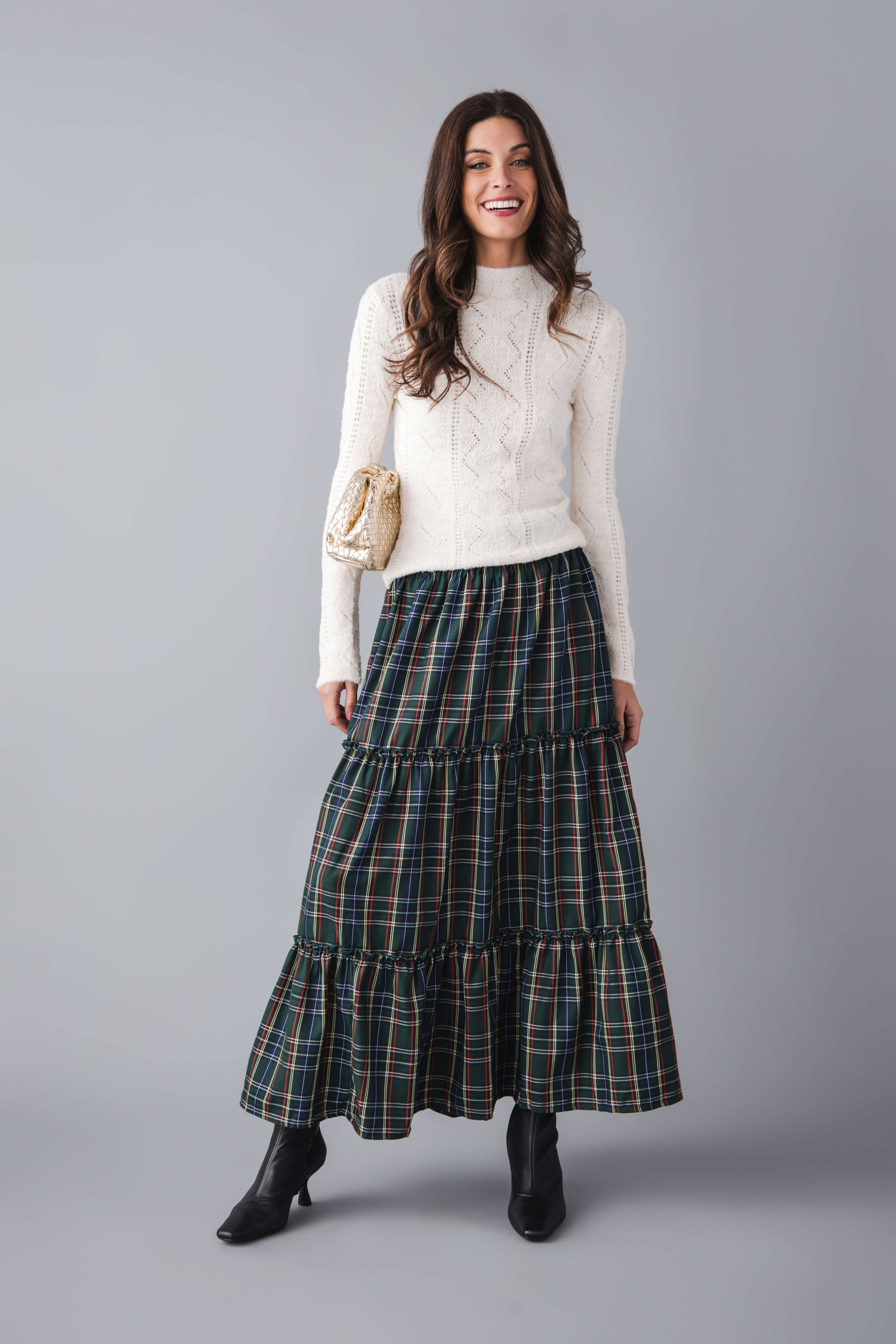 Vine & Love Ruffle Accents Flowy Plaid Maxi Skirt | Social Threads