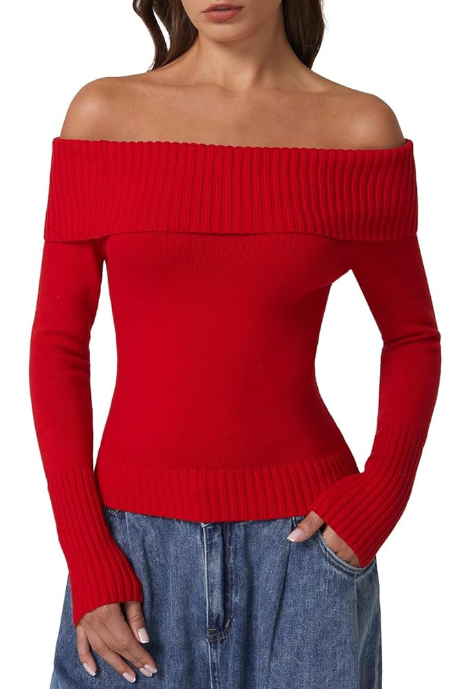 QINSEN Cotton Off The Shoulder Sweater for Women Long Sleeve Ribbed Knit Pullover Sweater Slim Fi... | Amazon (US)