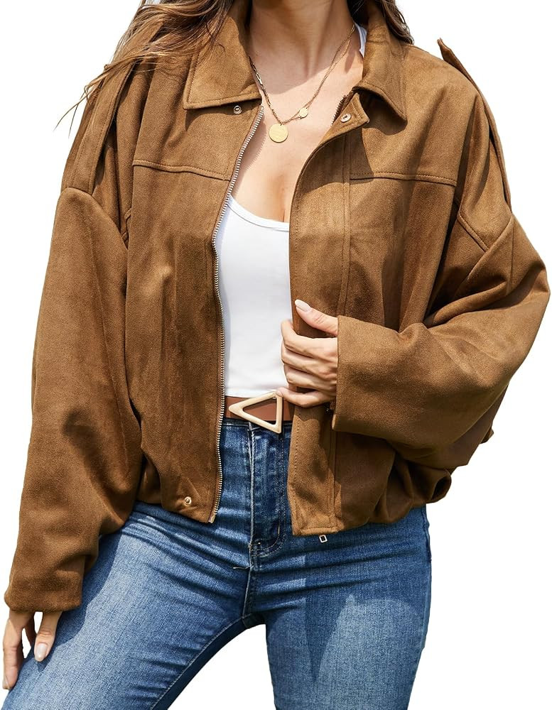 FARORO Women's Faux Suede Bomber Jacket, Oversized Zip Up Cropped Coat, Trendy Streetwear Outerwe... | Amazon (US)