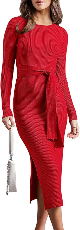 Caracilia Women's Crew Neck Long Sleeve Midi Sweater Dress Elegant Side Slit Bodycon Dress with B... | Amazon (US)
