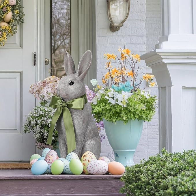 Leinuosen 18 Inches Easter Rabbit Statue Porch Decor Sign Easter Resin Bunny Sculpture Decorative... | Amazon (US)