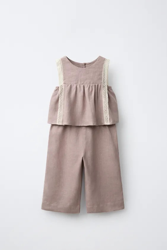 Round neck sleeveless jumpsuit. Back buttoned teardrop closure. Ruffle and lace trim. 100% linen ... | Zara US