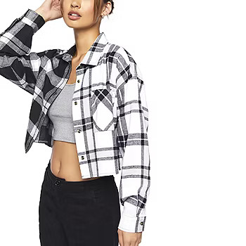 new!Forever 21 Juniors Split Cropped Flannel Womens Long Sleeve Flannel Shirt | JCPenney