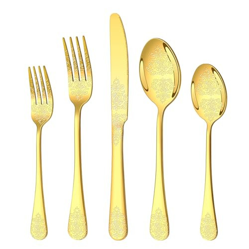 20 Pcs Gold Silverware Set for 4 with Classical Flower Embossed Design, Food Grade Stainless Steel Flatware Set, Eating Utensils Sets Include Fork/Knife/Spoon, Cutlery Set, Dishwasher Safe | Amazon (US)