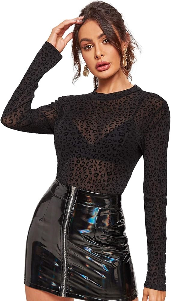 SweatyRocks Women's Long Sleeve Floral Flocked See Through Sheer Mesh Top | Amazon (US)