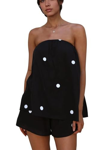 Women Polka Dot 2 Piece Sets Y2K Sleeveless Tube Tops Strapless Bandeau Shorts Sets Summer Matching Lounge Set Black | Amazon (US)