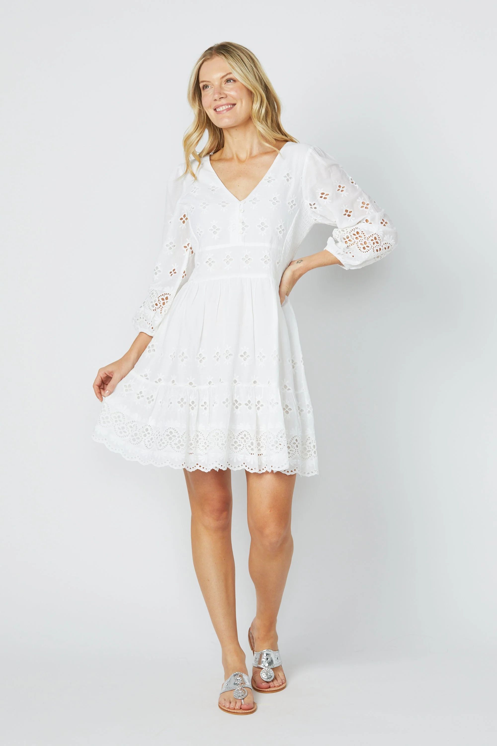 White Eyelet Long Sleeve Side Smocked Dress | Sail to Sable