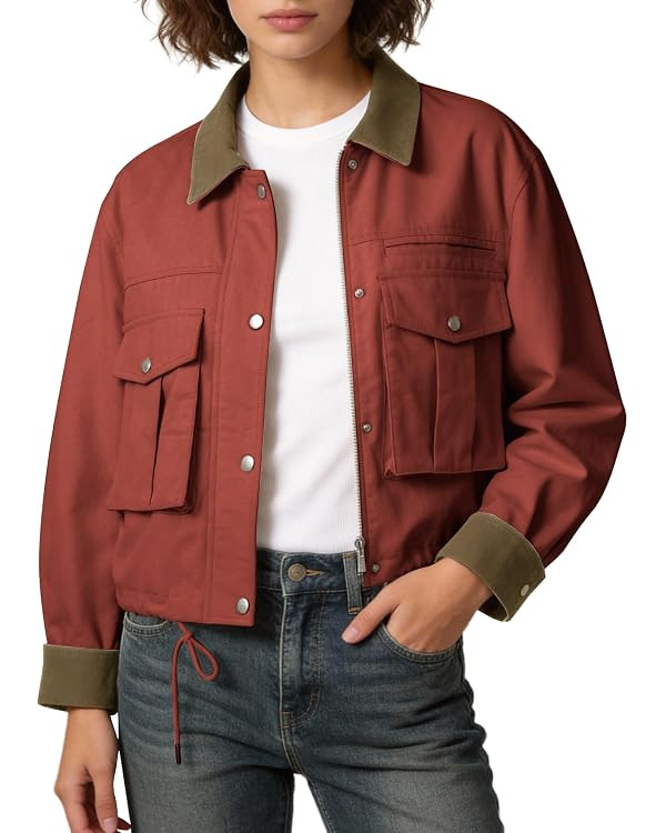 PEHMEA Women's Cropped Jacket Contrast Collar Utility Casual Cargo Barn Coat with Pocket Pure Cot... | Amazon (US)
