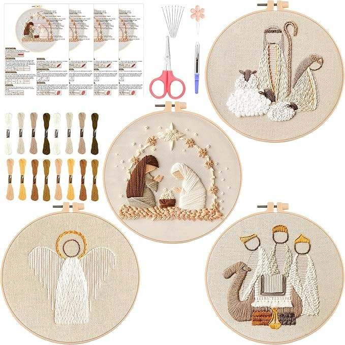 【Beginner Friendly Embroidery】 4 Set Nativity Scene Embroidery kit, Christmas Cross Stitch Ki... | Amazon (US)