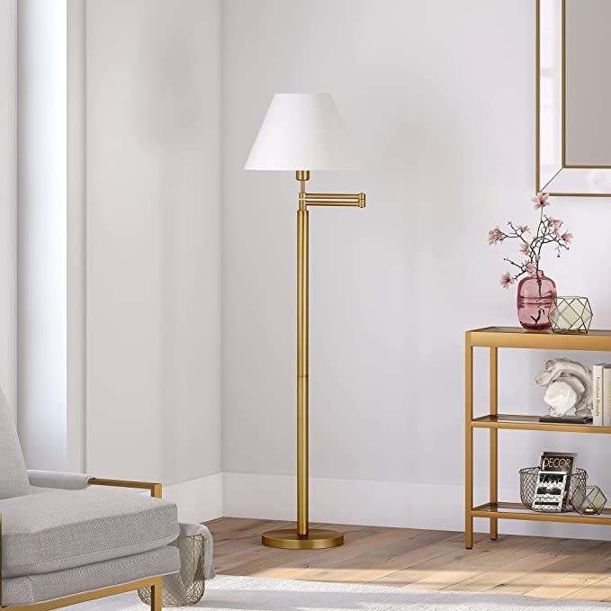 Moby Swing Arm Floor Lamp with Fabric Empire Shade in Brass/White | Amazon (US)