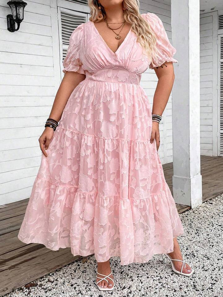 SHEIN CURVE+ Summer Plus Size Chicken Heart Neckline Sheer Floral Puff Sleeve Long Dress | SHEIN ... | SHEIN