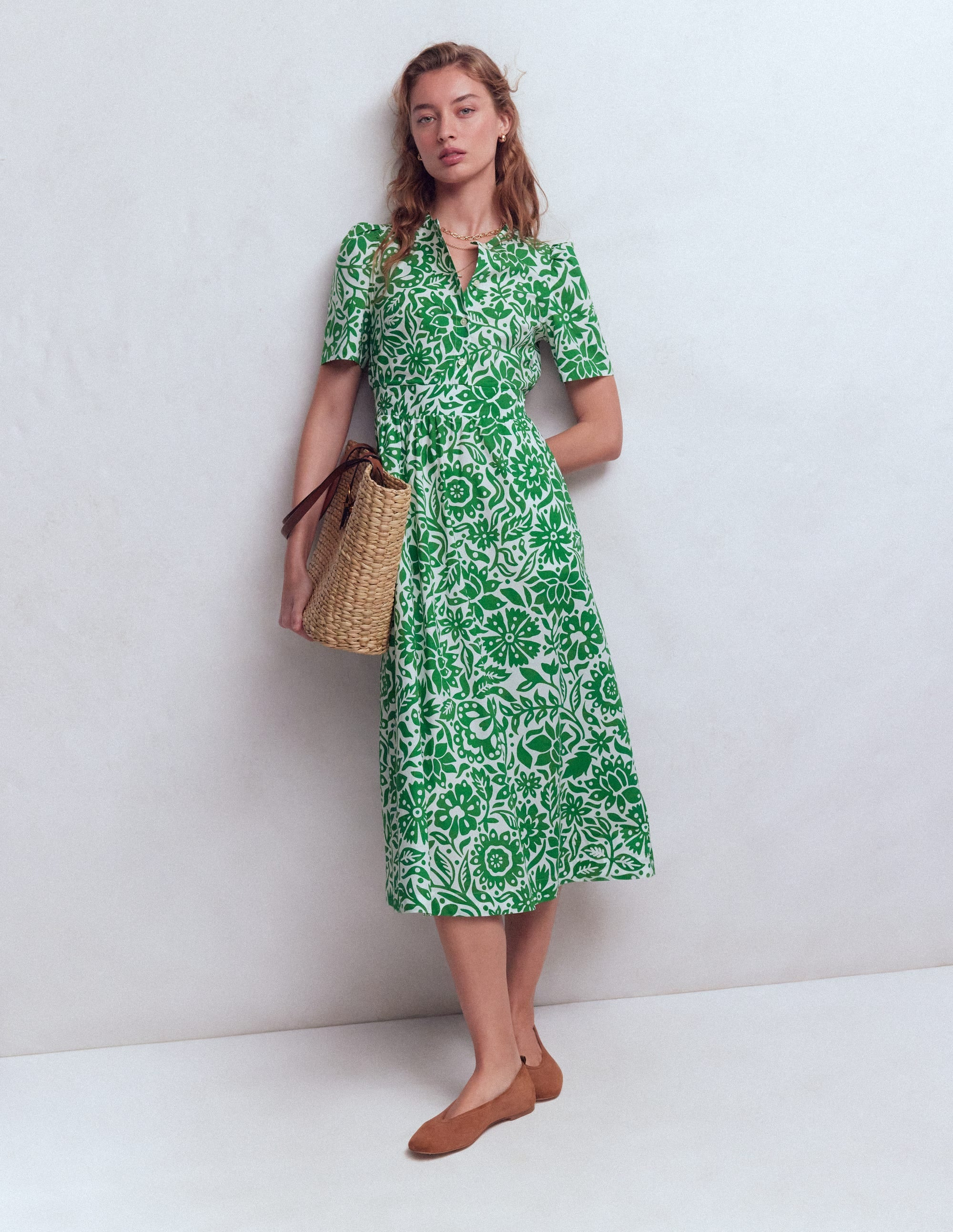 Ivy Cotton Midi Dress-Verdant Green, Meadow Scatter | Boden (US)