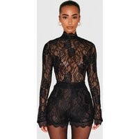 Petite Black Lace Long Sleeve Fitted Romper | PrettyLittleThing US