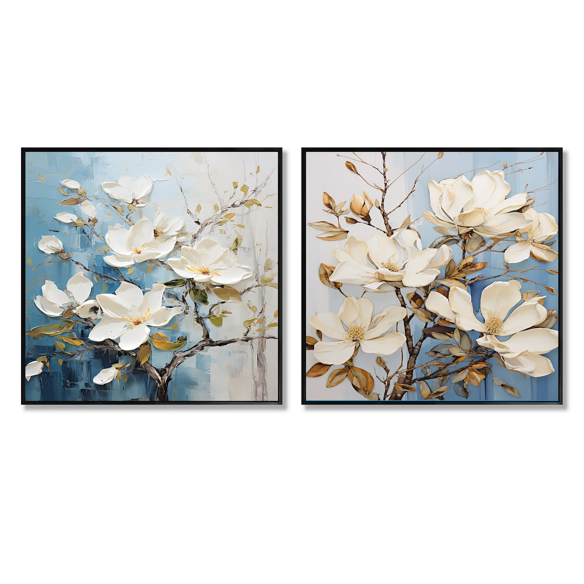 White And Gold Magnolia Petal Serenity - Magnolias Square Collage Set Of 2 | Wayfair North America