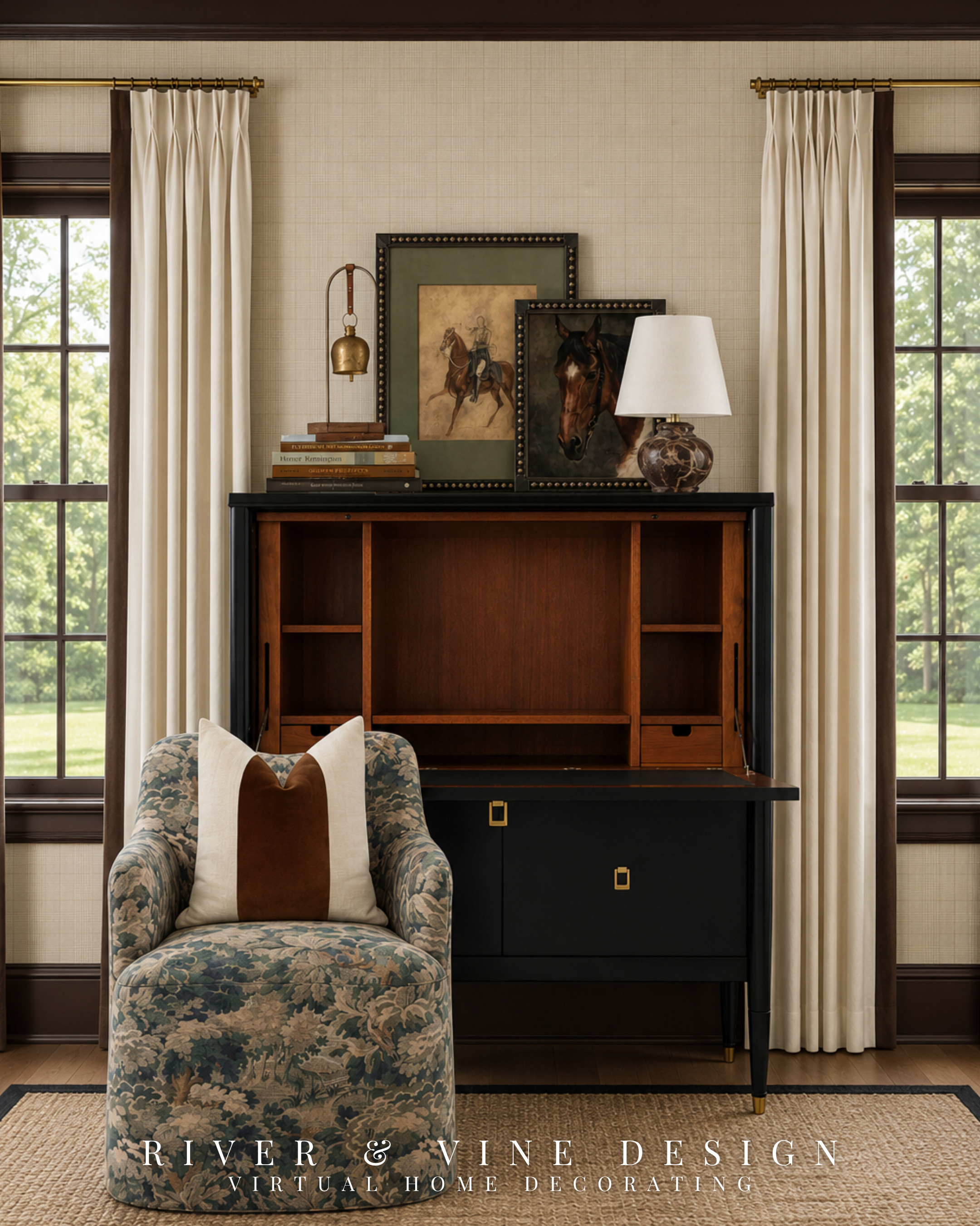 If you need a bedroom workspace but don’t want the room to feel like an office, choose a desk that still reads as beautiful furniture.

A secretary desk uses vertical space while keeping the work zone visually compact. Pairing it with a patterned upholstered chair, sculptural lamp, and layered equestrian artwork turns a functional corner into part of the room—not an afterthought. The design shortcut is repetition: black, warm wood, aged brass, and muted green appear across the desk, frames, chair, and accessories, helping every piece feel intentional.

This edit is a practical starting point for creating a traditional bedroom office with a collected look. Tap through to see the desk, chair, lamp, artwork, and styling pieces, then follow for more solutions that make decorating easier.

secretary desk styling, bedroom office furniture, traditional home office decor, upholstered desk chair, equestrian wall art, small bedroom workspace, modern traditional decor, collected home decor

I may receive a commission from purchases made through my links.
 

 #LTKHome