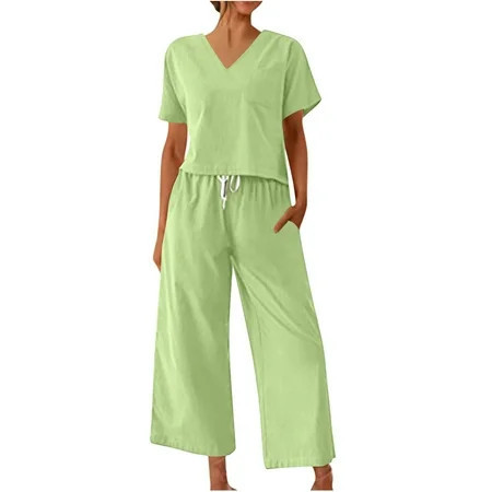 Womens Beach Vacation Outfits Two Piece Pants Sets Clothing Set Female Round Neck Short Sleeve Tops Pants Sets Long Pant Style S_704 Women's Tracksuits Green XXL | Walmart (US)