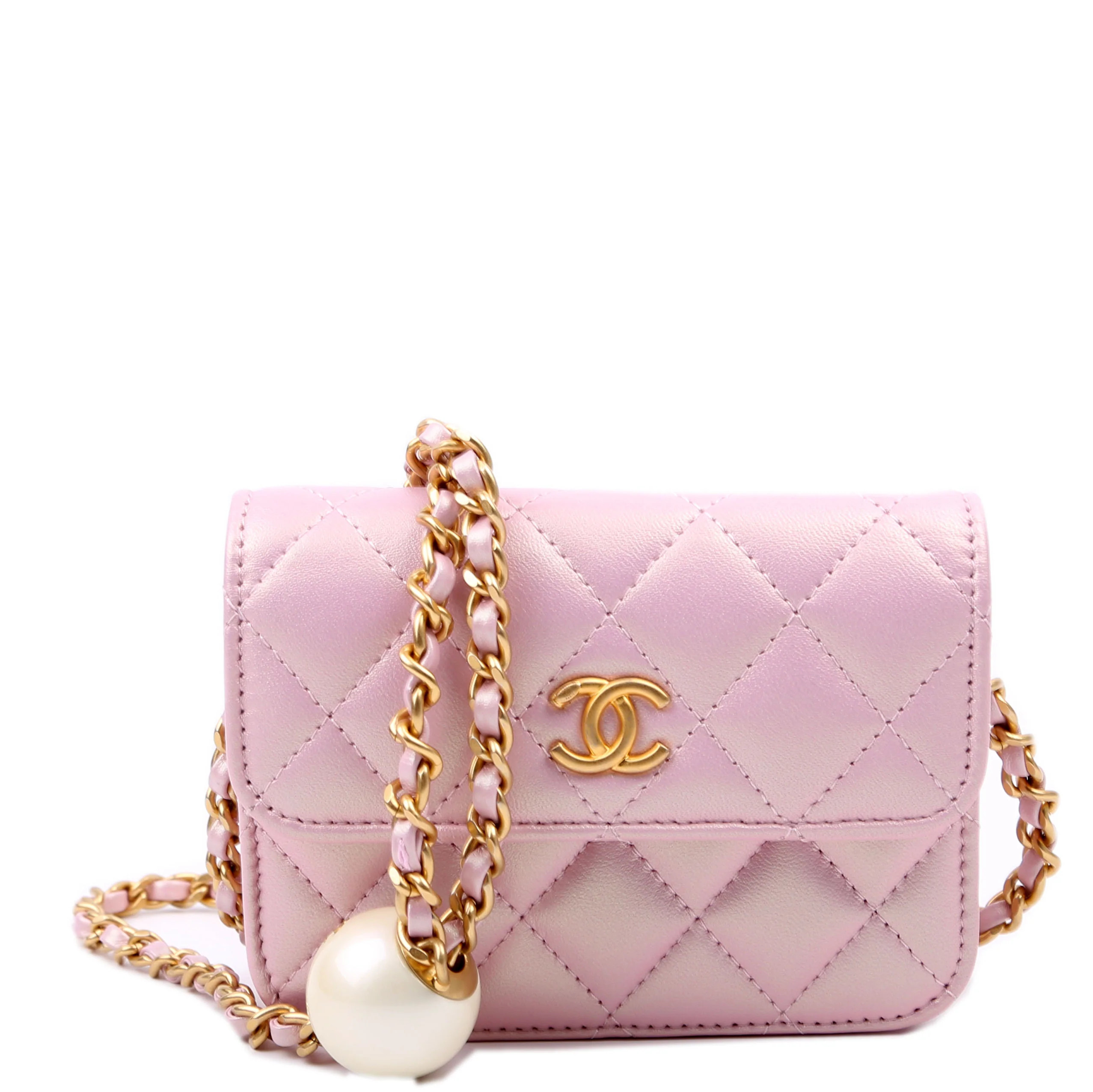 Clutch With Chain Pearly Lambskin Pink | Keeks Designer Handbags