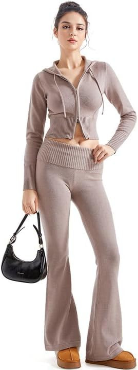 SUUKSESS Women 2 Piece Knit Sets Cropped Zip Up Hoodie Foldover Flare Leg Pants | Amazon (US)