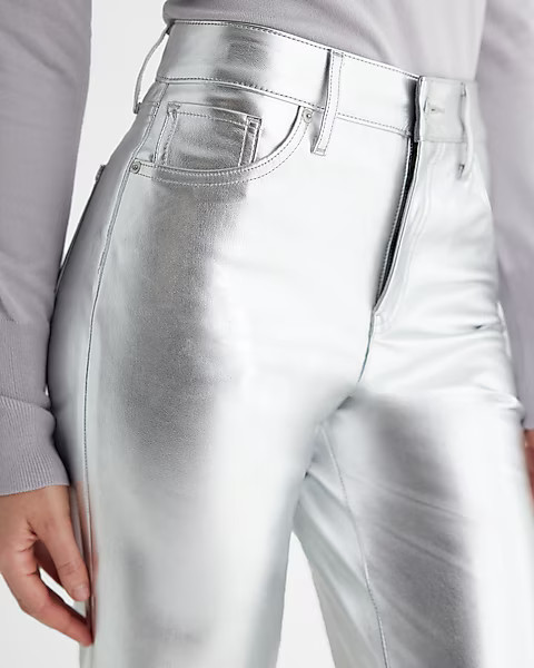 High Waisted Metallic Faux Leather Modern Straight Pant | Express