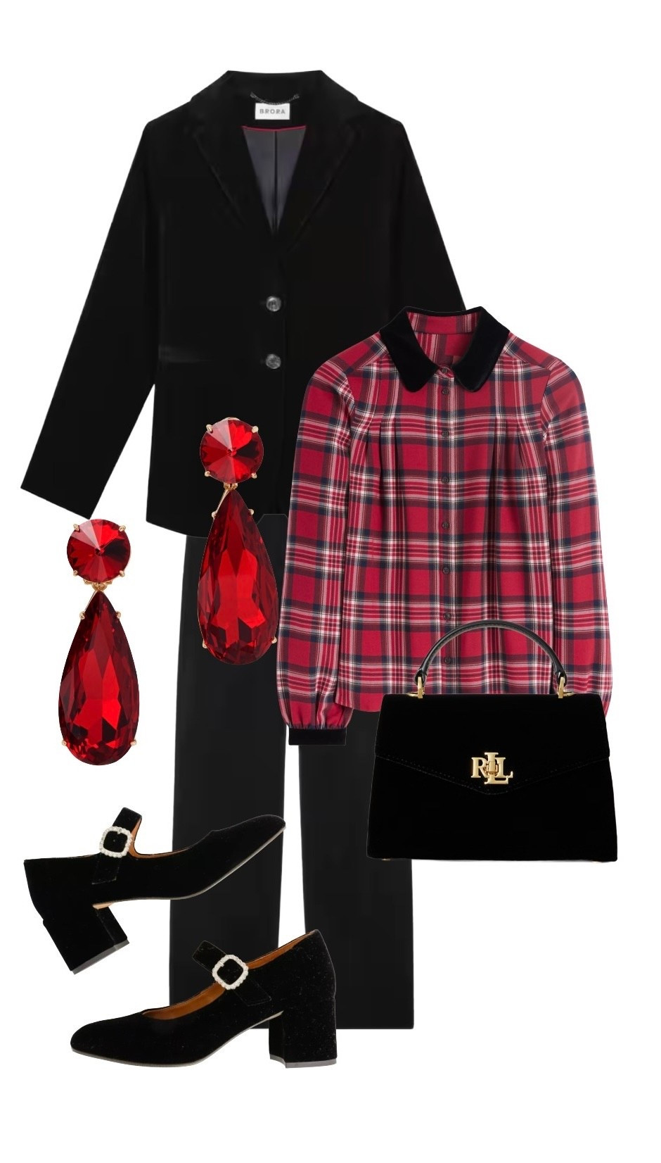 Invest in a good quality pair of black cotton velvet (synthetic velvet is usually shiny!) trousers and a co-ord jacket like these styles from Brora for a host of warm and timelessly elegant autumn winter outfits you can keep restyling with different blouses and accessories. 

Wear with the new (and selling fast) red tartan blouse with velvet collar and cuff detailing by Boden, Penelope Chilvers Mary Jane Heels, a classic top handle black velvet bag by Ralph Lauren and these stunning red crystal statement drop earrings by Carolina Herrera at Net a Porter. 

I’ve also added other blouses and accessories to show you how many different looks you can create with a black velvet suit as the base! 

#LTKChristmas #Tartan #velvet #partyseason 

#LTKeurope #LTKfestive #LTKpartywear