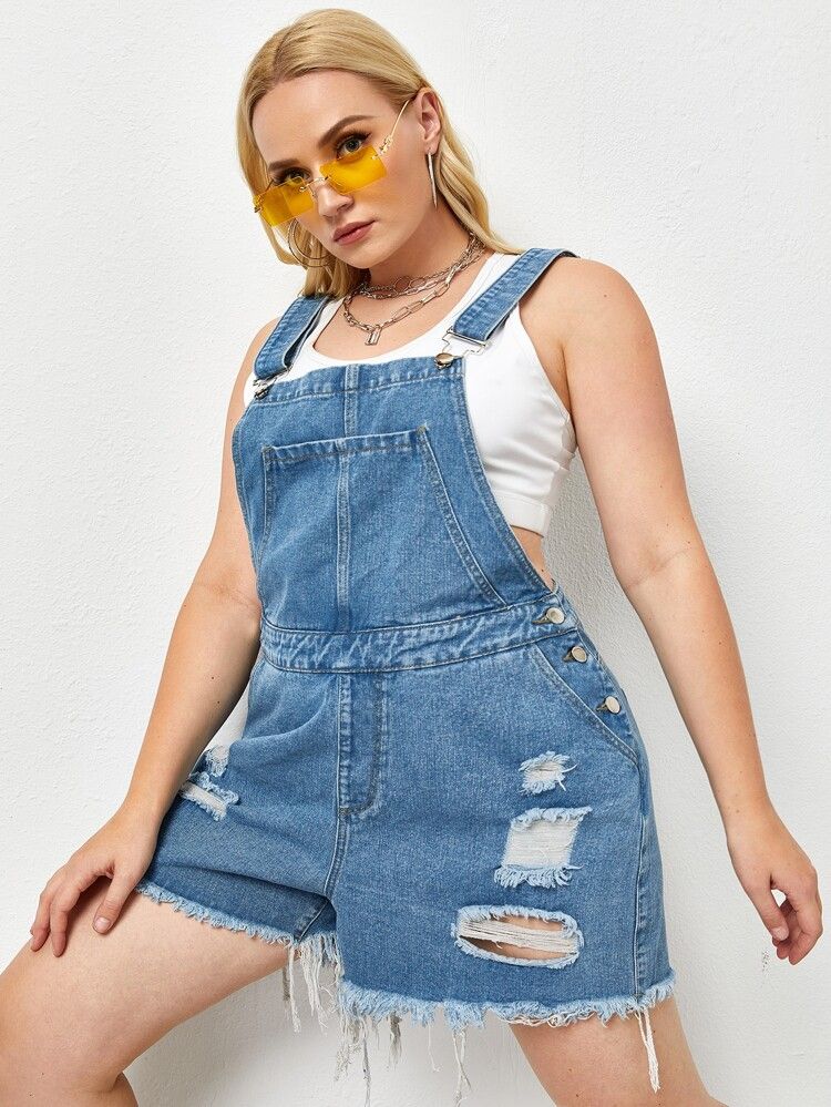 Plus Ripped Pocket Front Denim Overalls | SHEIN
