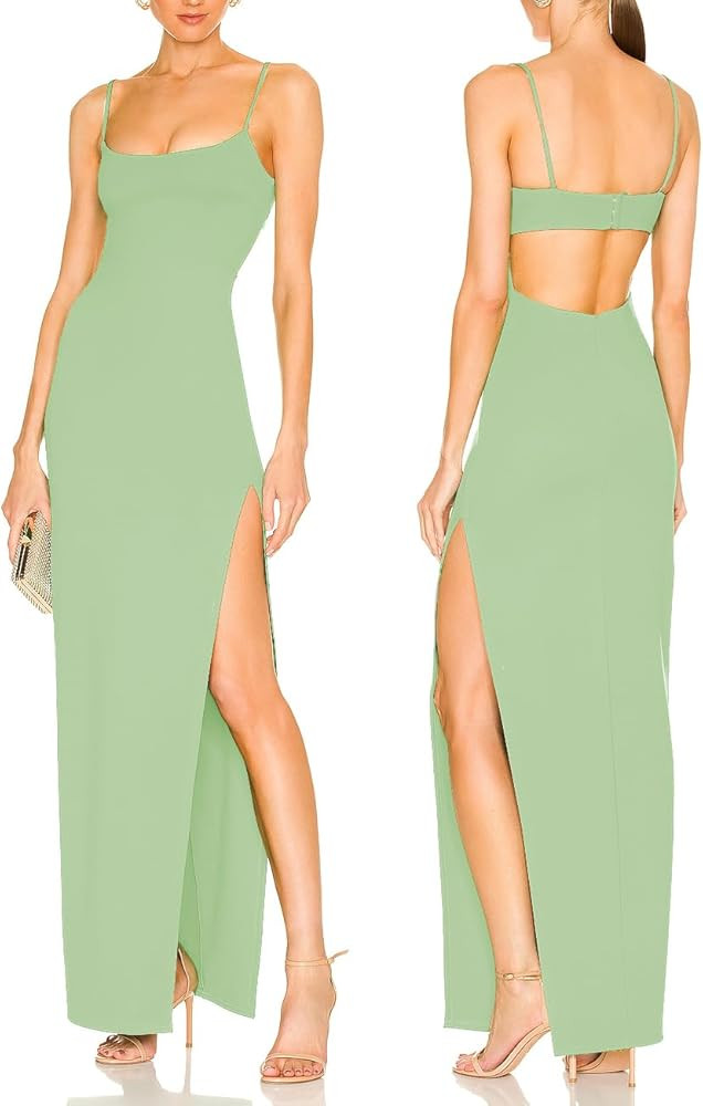 JLCNCUE Women's Sexy Backless Spaghetti Straps Square Neck Maxi Dress Thigh High Slit Bodycon Coc... | Amazon (US)