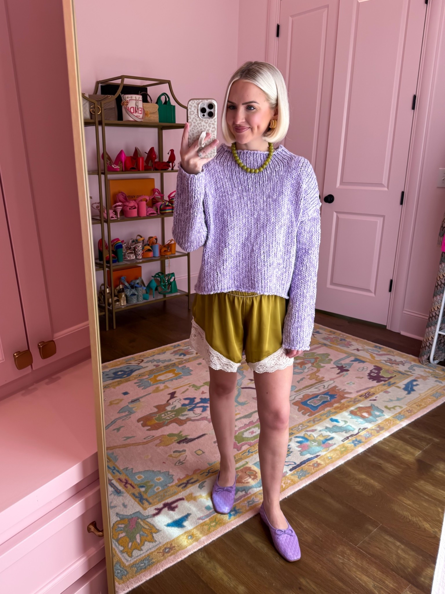 Lavender and chartreuse fall color combo / chartreuse lace shorts / lavender ballet flats 
Size small in both

#LTKootd #LTKPetite #LTKBump