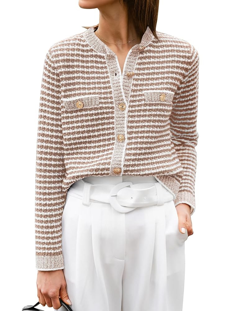 ANRABESS Women's Striped Cardigan Sweaters Casual Long Sleeve Open Front Button Down Knit Cropped... | Amazon (US)